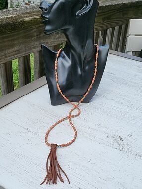 Akola Brown Leather Tassel Beaded Necklace